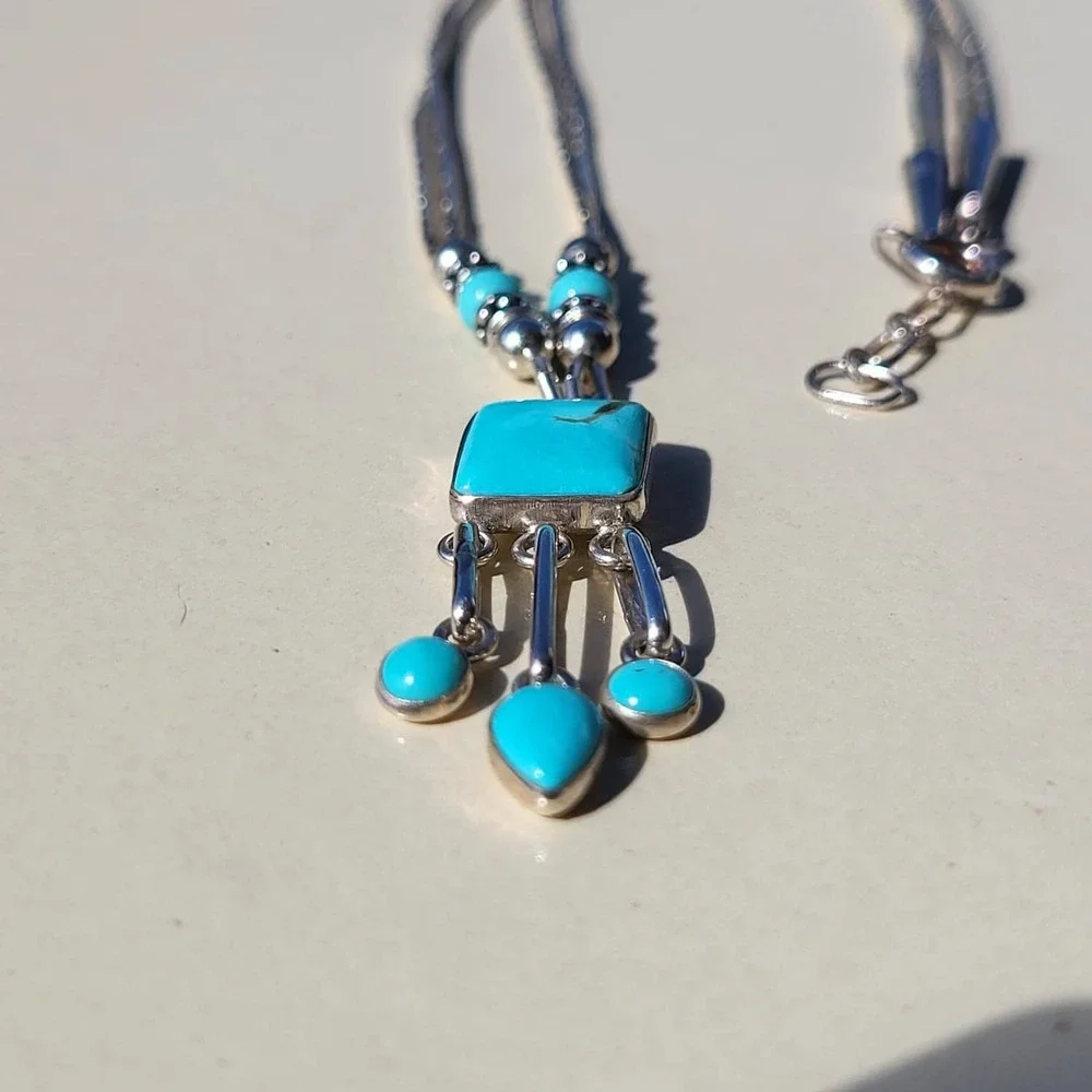 Vintage Q.T. 925 Sterling Silver Turquoise Liquid Silver Pendant Necklace